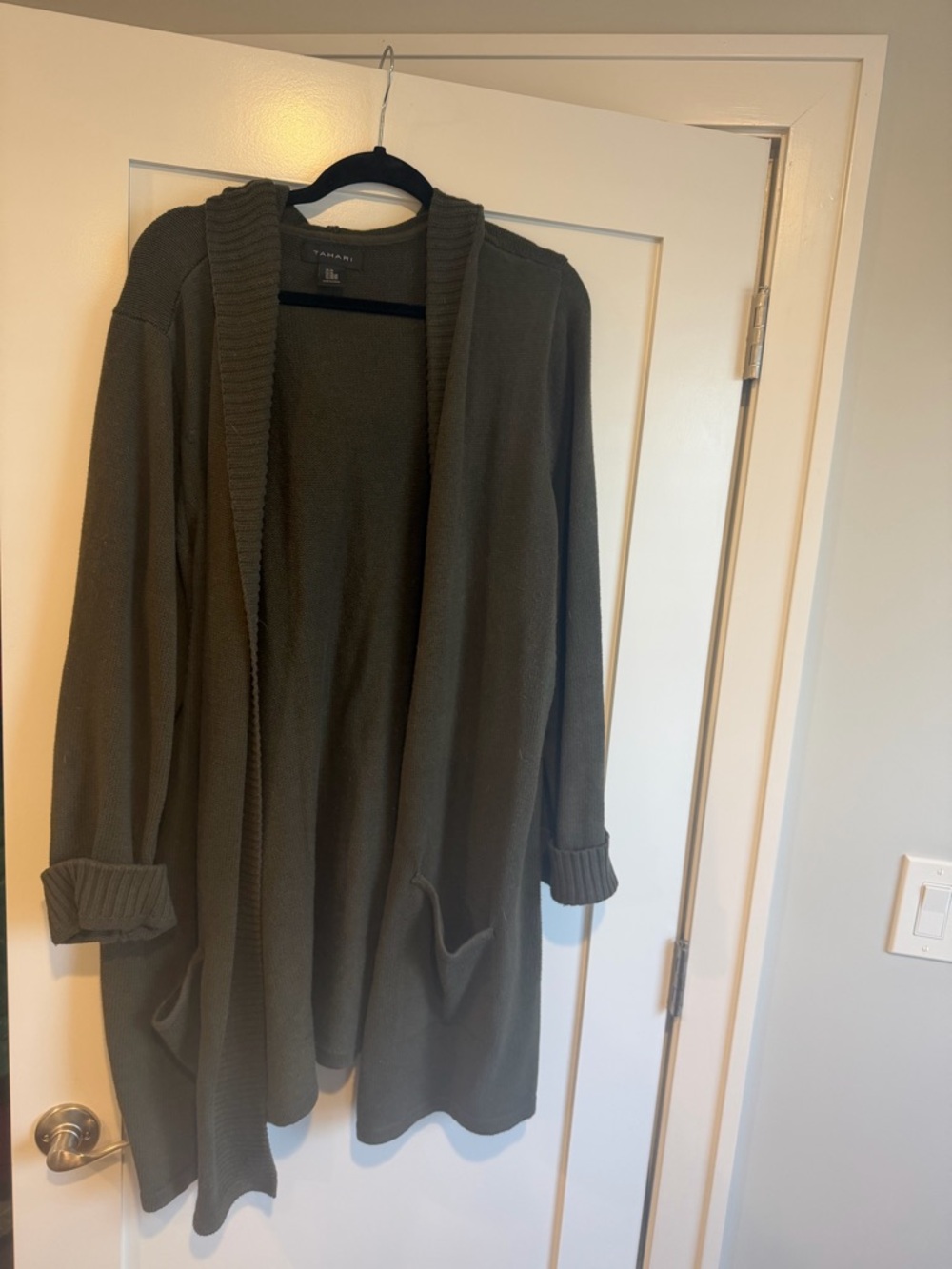 Tahari Olive Open-Front Long Cardigan